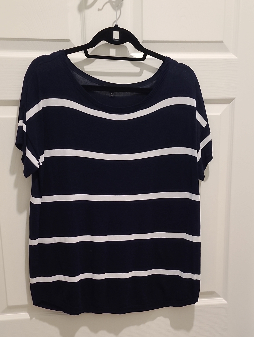 Talbot Women's Navy and White Striped Short-Sleeve Fine Knitted Top